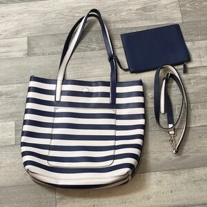 Striped Navy and White Tote Bag with Wristlet and Strap